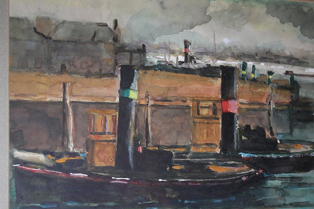 Appraisal: th Century SchoolBarges in the Rotterdam docks watercolour cm x