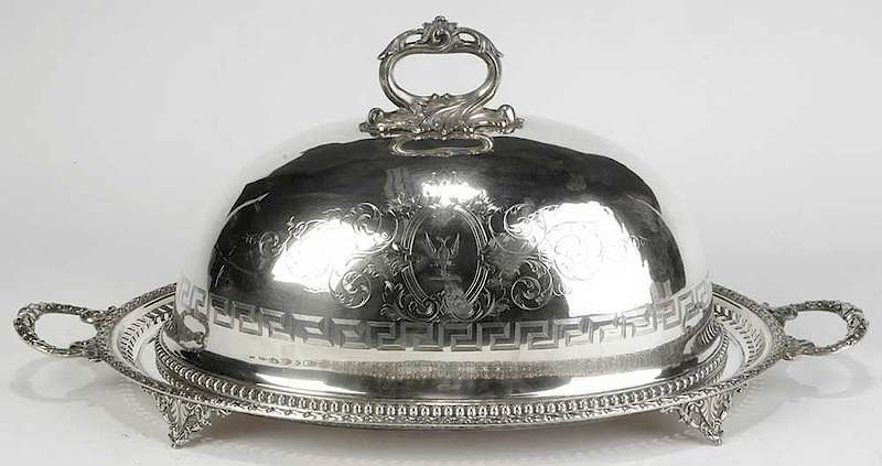 Appraisal: Silver-Plated Meat Dome and Tray probably English oval dome with