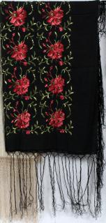 Appraisal: CHINESE EMBROIDERED BLACK SILK SHAWL W RED FLOWERS CHINESE EMBROIDERED