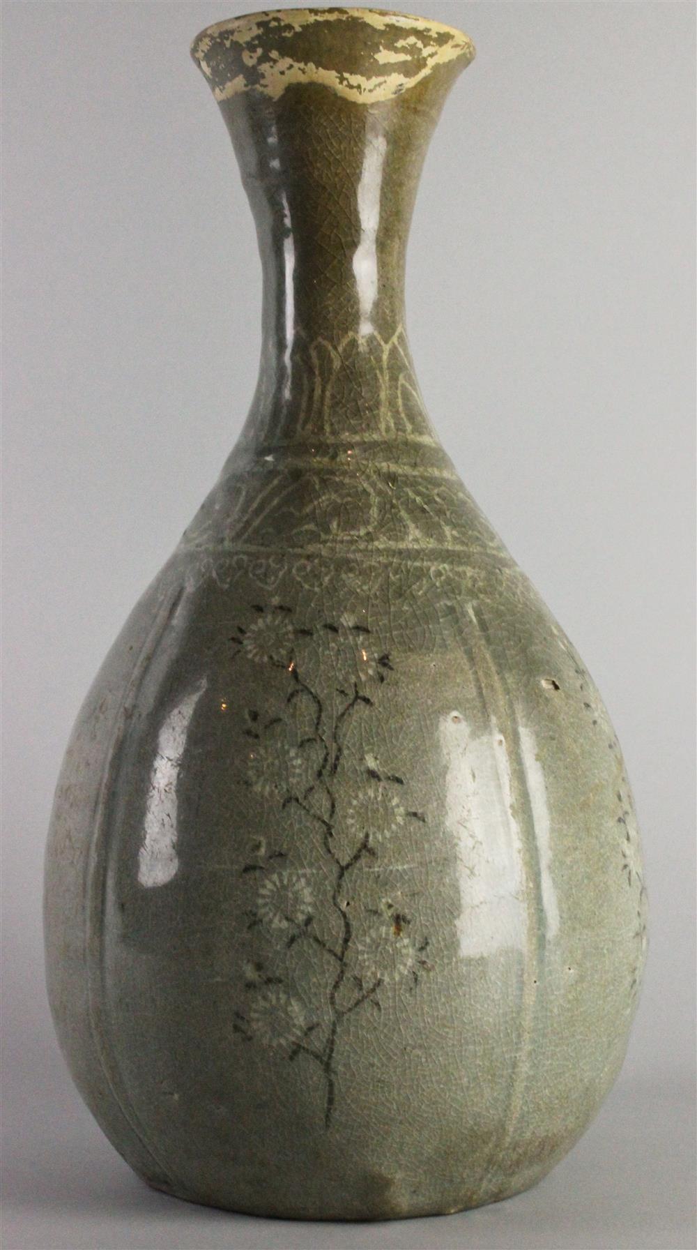 Appraisal: KOREAN KORYO INLAID CELADON BOTTLE VASE of teardrop shape with