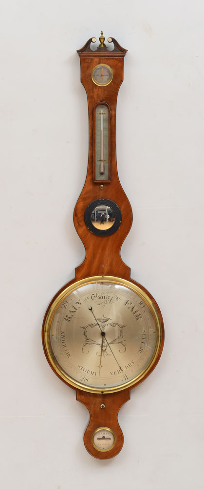 Appraisal: GEORGE III BRASS-MOUNTED MAHOGANY WHEEL BAROMETER AND THERMOMETER MARKED BEILBY