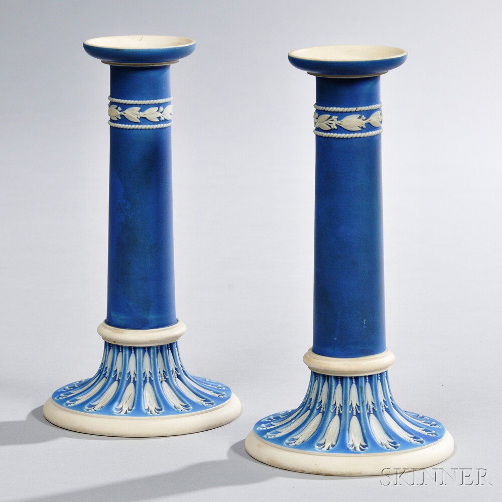 Appraisal: Pair of Wedgwood Dark Blue Jasper Dip Candlesticks England c