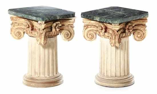 Appraisal: Near pair carved wood and marbletop tables square green marble