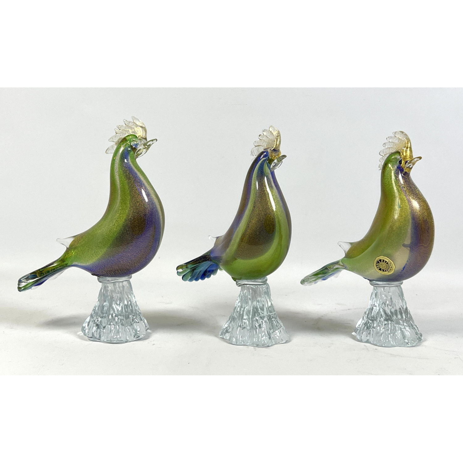 Appraisal: Set Murano Glass Bird Sculptures Colorful with gold flecks Dimensions