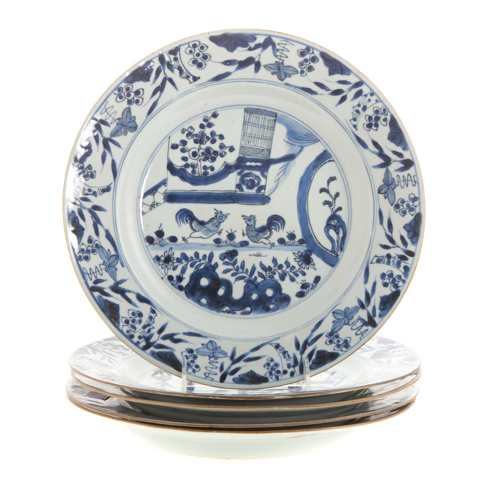 Appraisal: FIVE CHINESE EXPORT BLUE WHITE PLATES Kang Xi circa floral