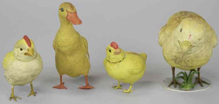 Appraisal: BABY CHICKS GOSLING COMPOSITION CANDY CONTAINERS Gosling has glass eyes