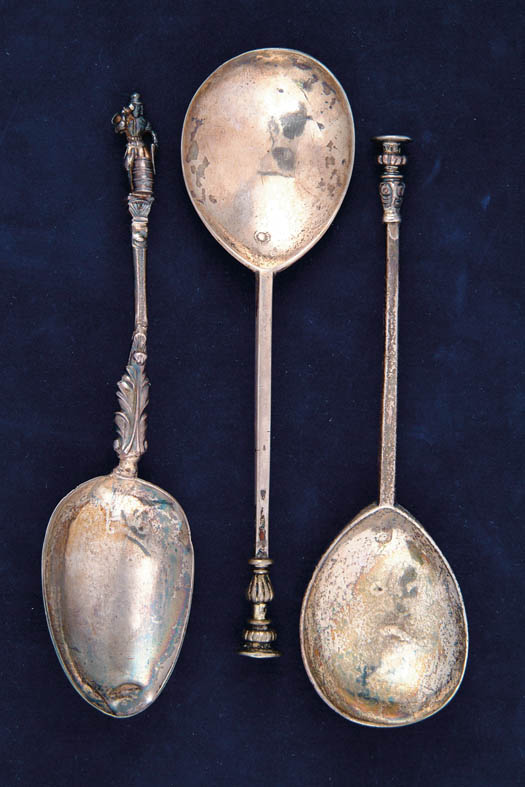 Appraisal: THREE EARLY ENGLISH SPOONS Two spoons with flat mushroom top