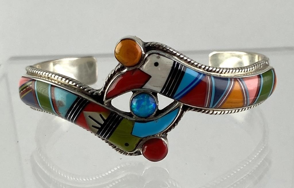 Appraisal: Sterling silver cuff bracelet with micro inlaid turquoise multi-colored coral