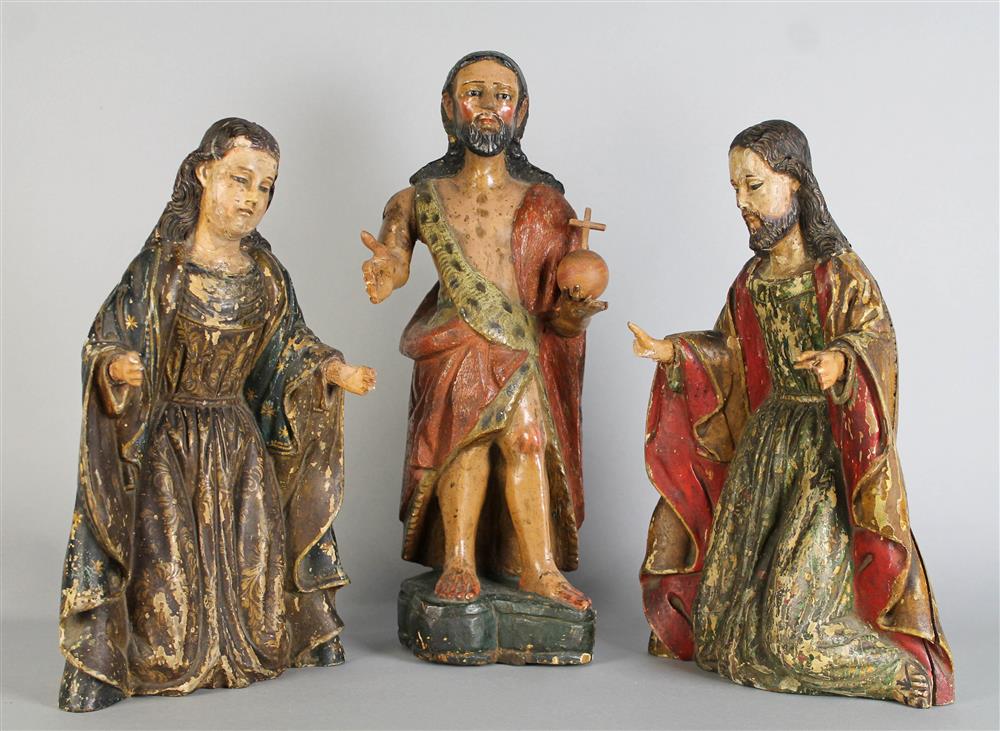 Appraisal: THREE LATIN AMERICAN CARVED SANTOS FIGURES INCLUDING JESUS polychrome painted