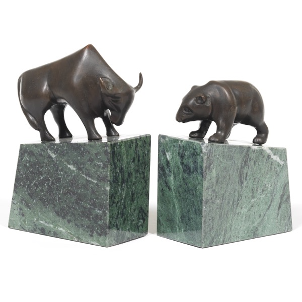 Appraisal: VINTAGE PATINATED BRONZE AND VERDIGRIS MARBLE STOCK EXCHANGE BULL AND