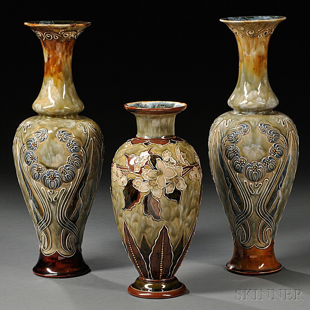 Appraisal: Three Doulton Lambeth Eliza Simmance Decorated Stoneware Vases England late