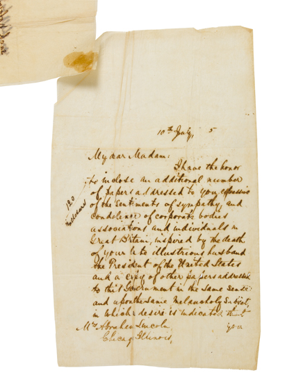 Appraisal: SEWARD TO MRS LINCOLN CONVEYING CONDOLENCES LINCOLN ASSASSINATION SEWARD WILLIAM