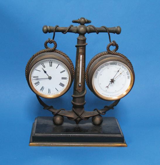 Appraisal: A VICTORIAN NAUTICAL DESK CLOCK AND BAROMETER the white enamelled