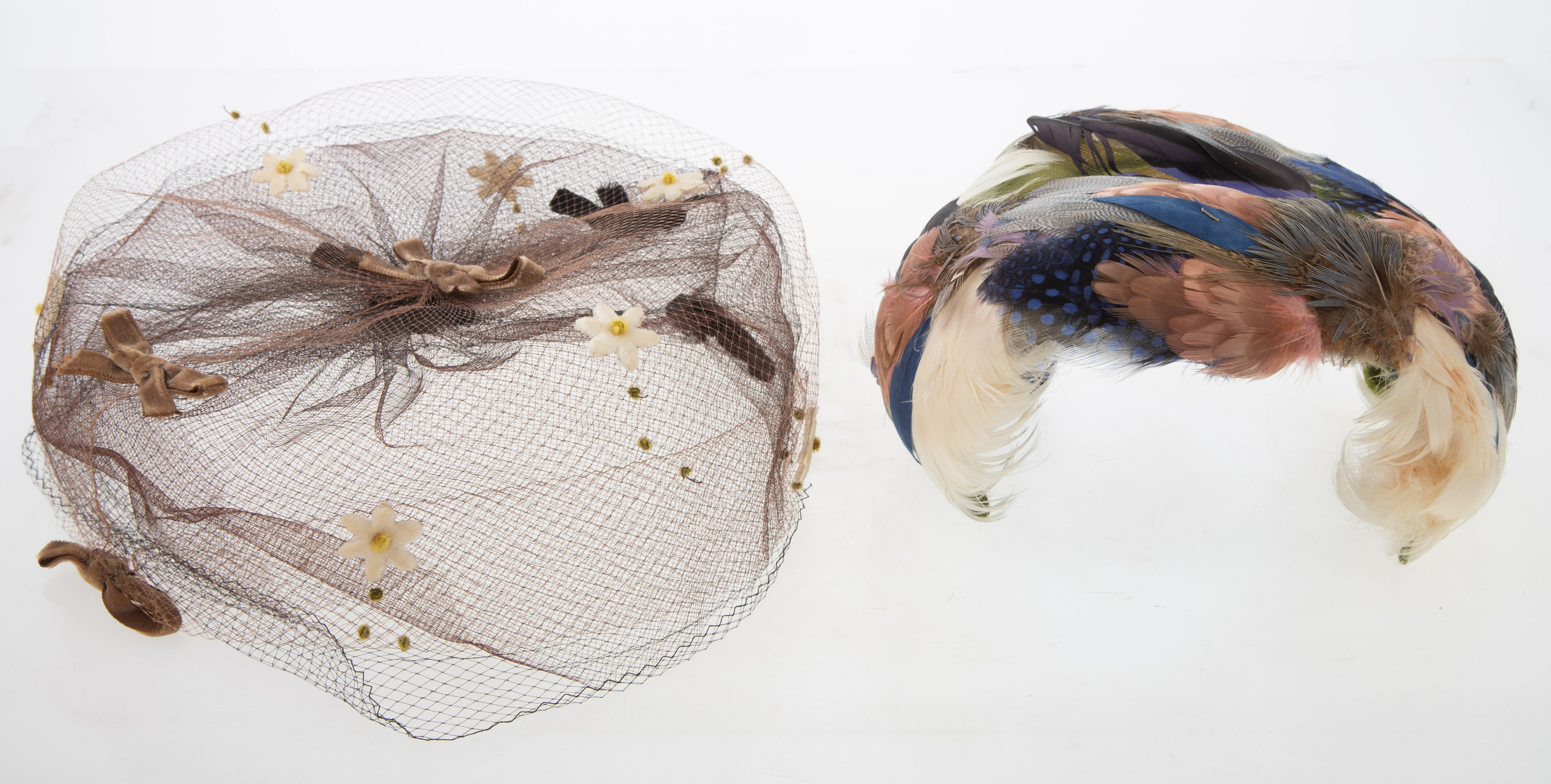 Appraisal: VINTAGE FEATHER HAT AND TWO MESH OVERLAYS s- s feather