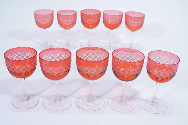 Appraisal: Set of ten star cut Cranberry wine glasses each cm