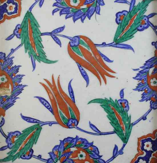 Appraisal: An intact Iznik polychrome 'tulip' tile Ottoman Turkey c -