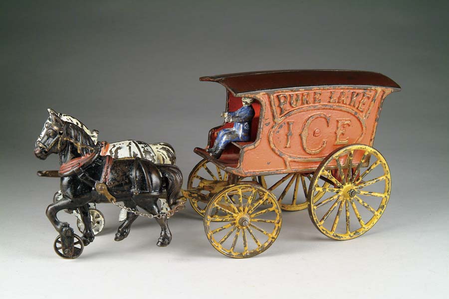 Appraisal: HORSE-DRAWN PURE LAKE ICE WAGON BY HARRIS Red wagon embossed