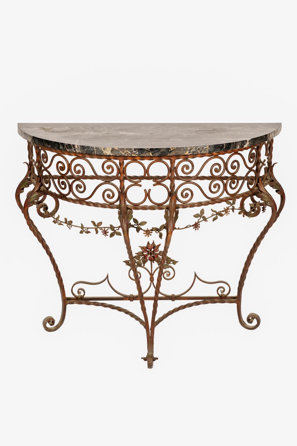 Appraisal: MARBLE-TOP IRON CONSOLE TABLEwith demilune top Provenance The Estate of