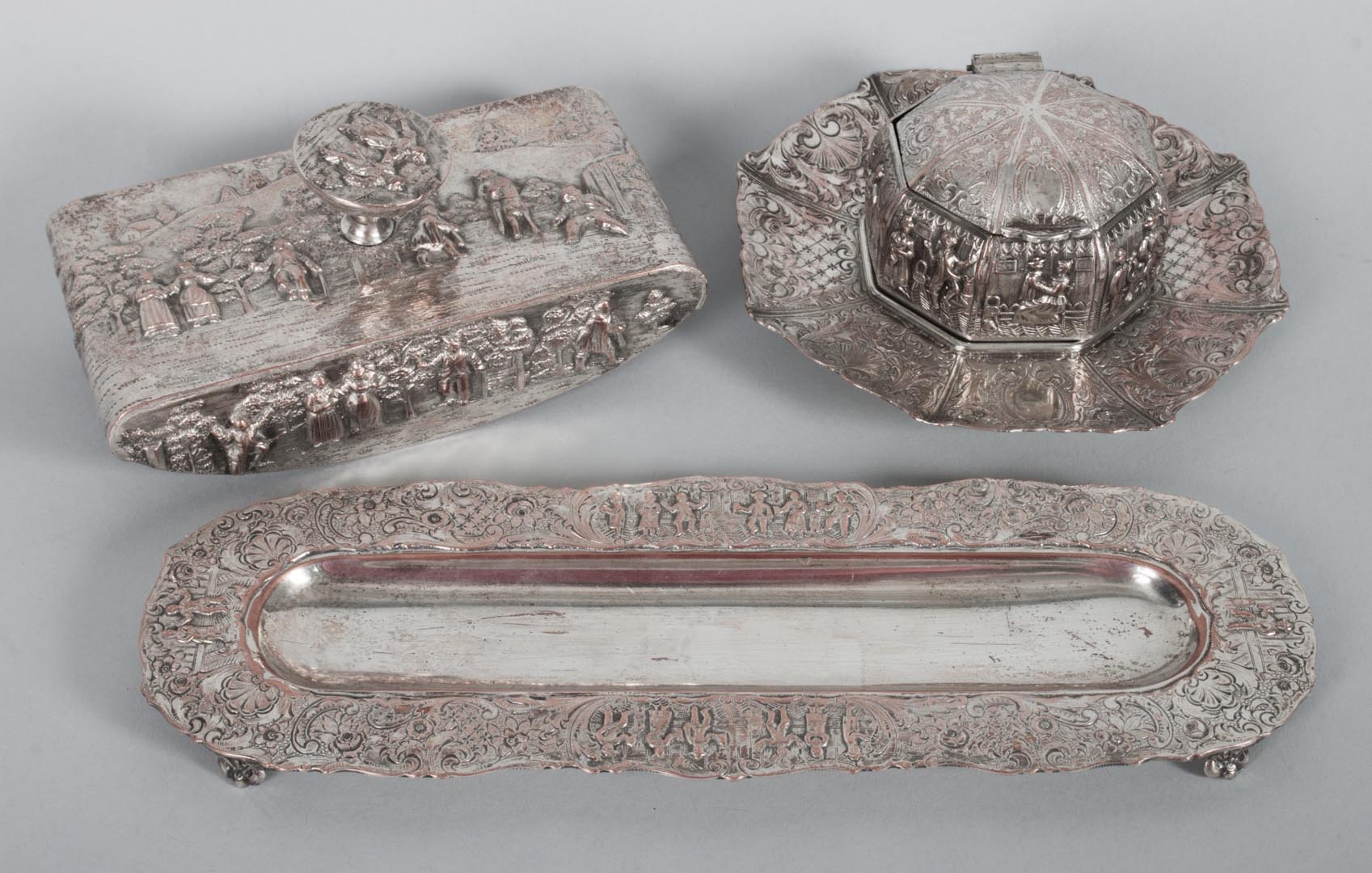 Appraisal: English silver-plated desk set comprising pen tray stamp box and