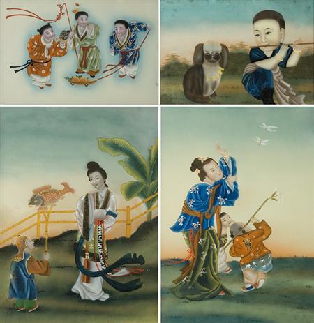 Appraisal: Group of Four Chinese Reverse Glass Paintings Together with Two