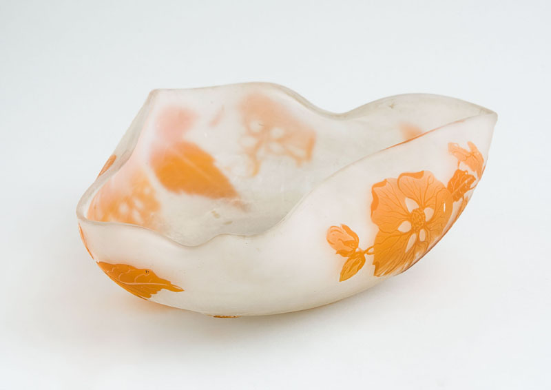 Appraisal: GALL CAMEO GLASS TRIANGULAR BOWL Cut with orange flowers and