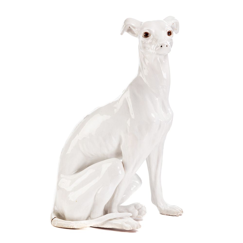 Appraisal: Large Italian White Faience Greyhound Seated dog with glass eyes