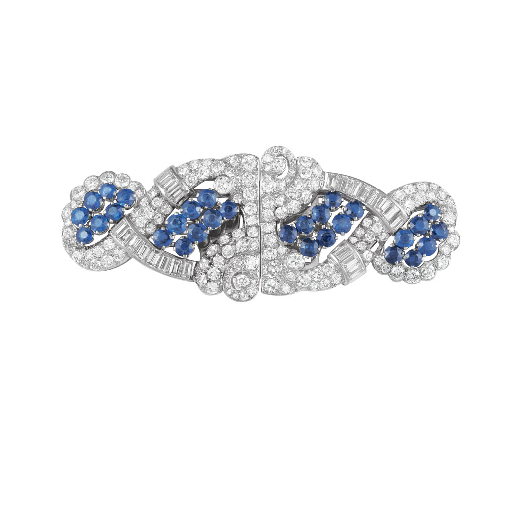 Appraisal: Platinum Sapphire and Diamond Double Clip-Brooch The pierced double clip-brooch