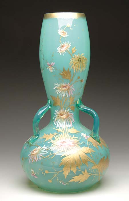 Appraisal: VICTORIAN DECORATED VASE Monumental green opalescent vase is decorated with