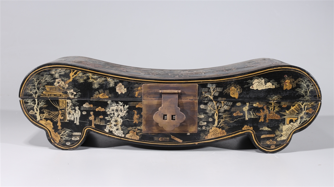 Appraisal: Chinese lacquered pillow form box with numerous figures brass fittings