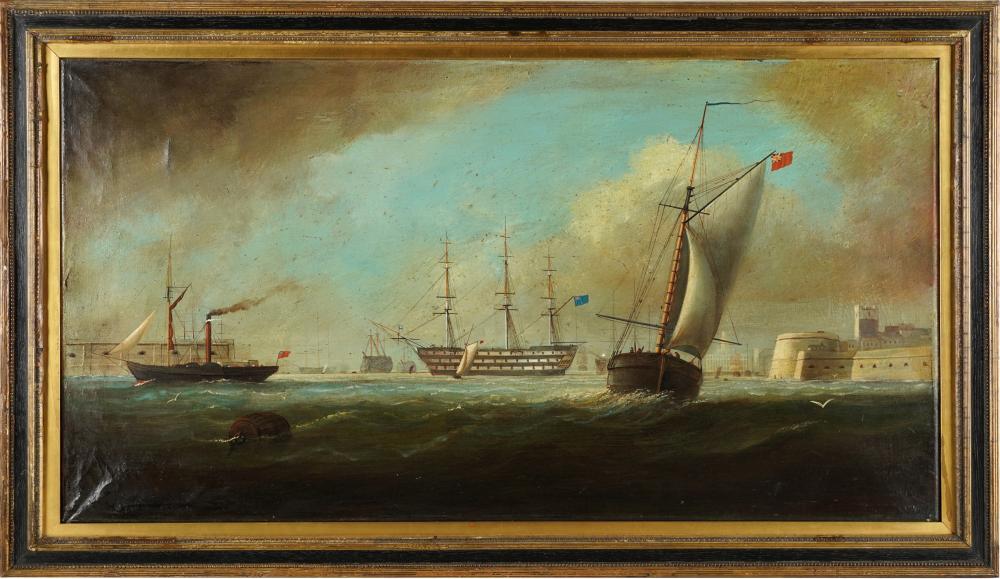 Appraisal: ENGLISH SCHOOL TH CENTURY SHIPS IN HARBORoil on canvas unsigned