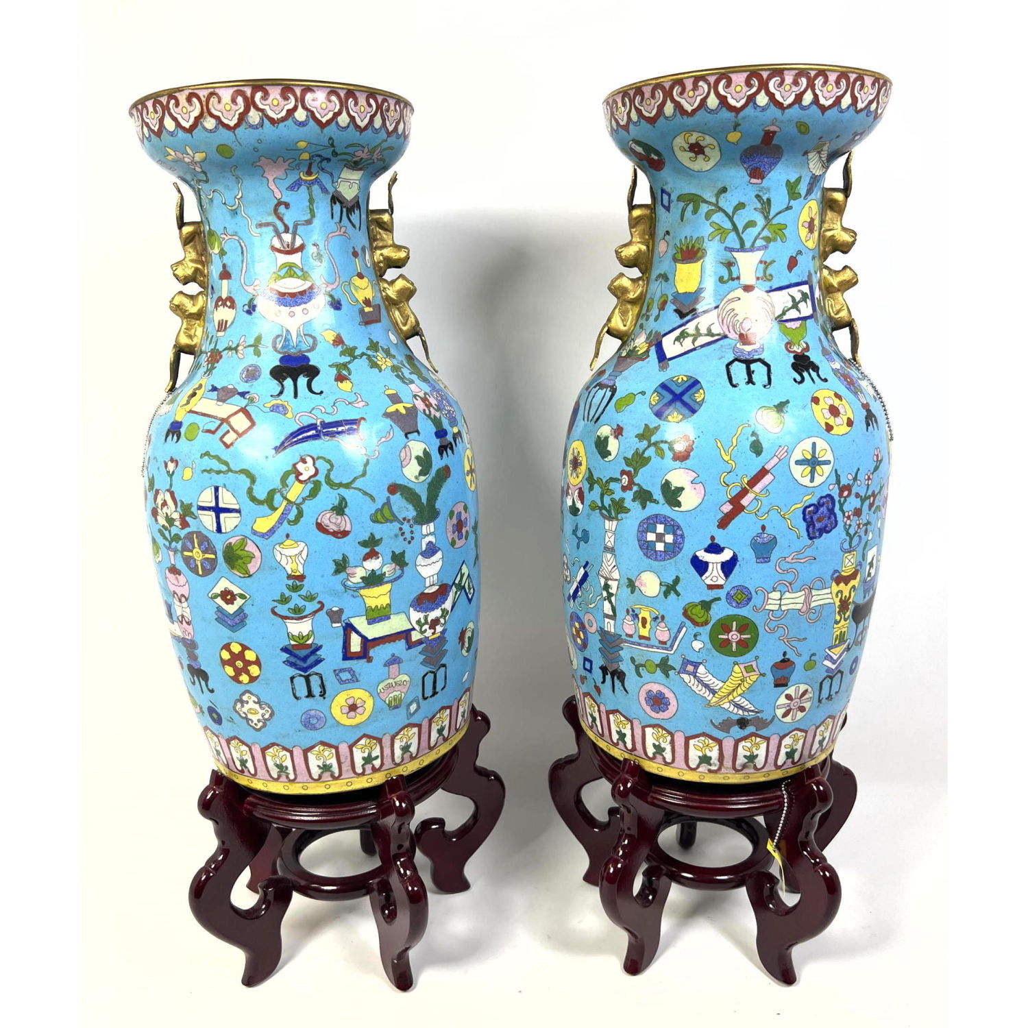 Appraisal: Pr Large Turquoise Blue Cloisonne Enamel Tall Vase Even decorated