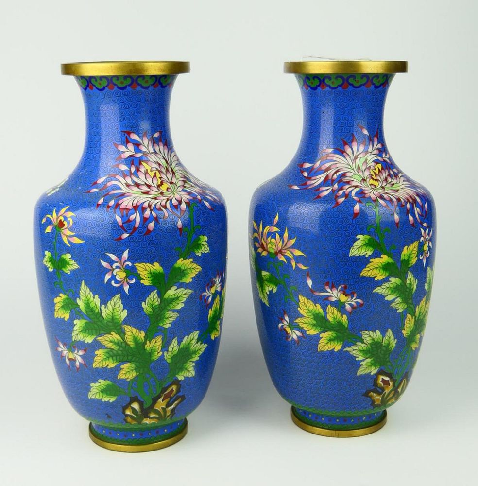 Appraisal: Pr CHINESE BLUE GROUND CLOISONNE ENAMELED VASES A pair of