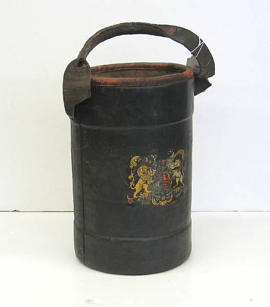 Appraisal: An English leather fire bucket th century Decal decorated with