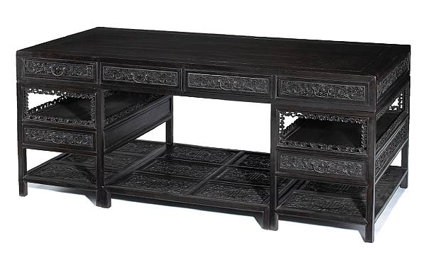 Appraisal: A massive zitan partner's desk with dragon decoration Republic Period