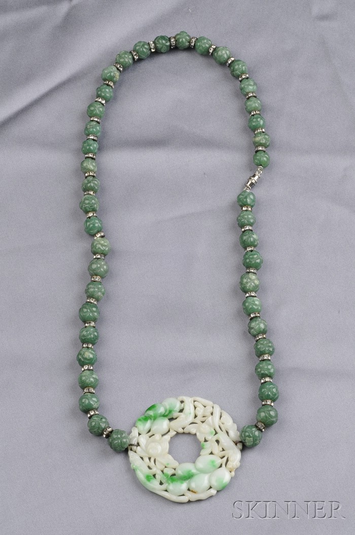 Appraisal: Jade and Aventurine Bead Necklace composed of carved aventurine beads