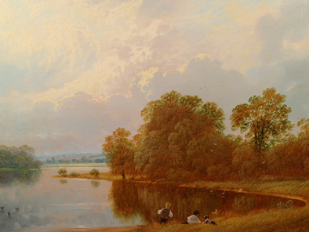 Appraisal: A Grant Kurtis Landscape with young boys fishing oil on