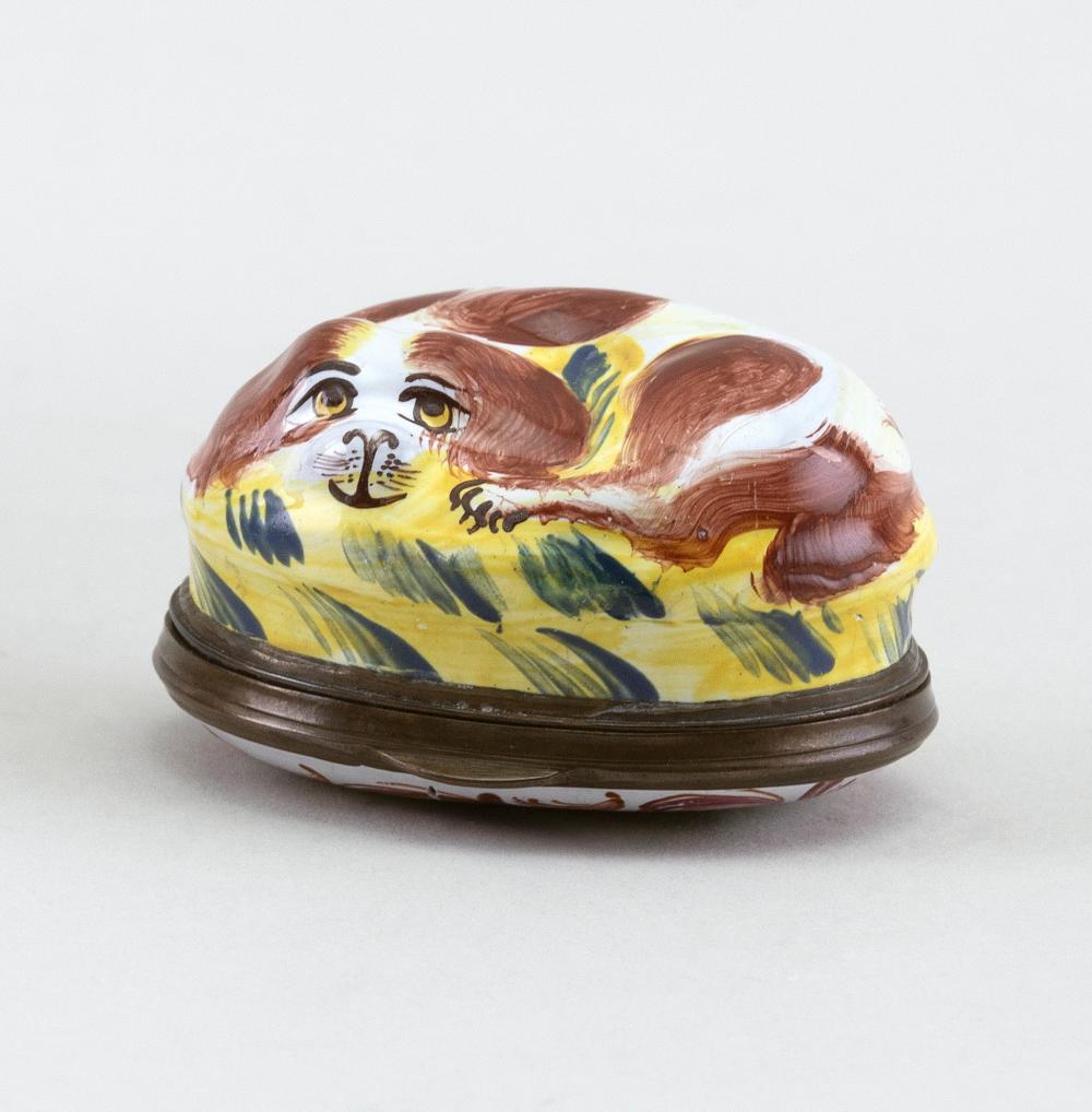 Appraisal: ENGLISH ENAMEL SPANIEL BONBONNIERE CIRCA LENGTH ENGLISH ENAMEL SPANIEL BONBONNIERE