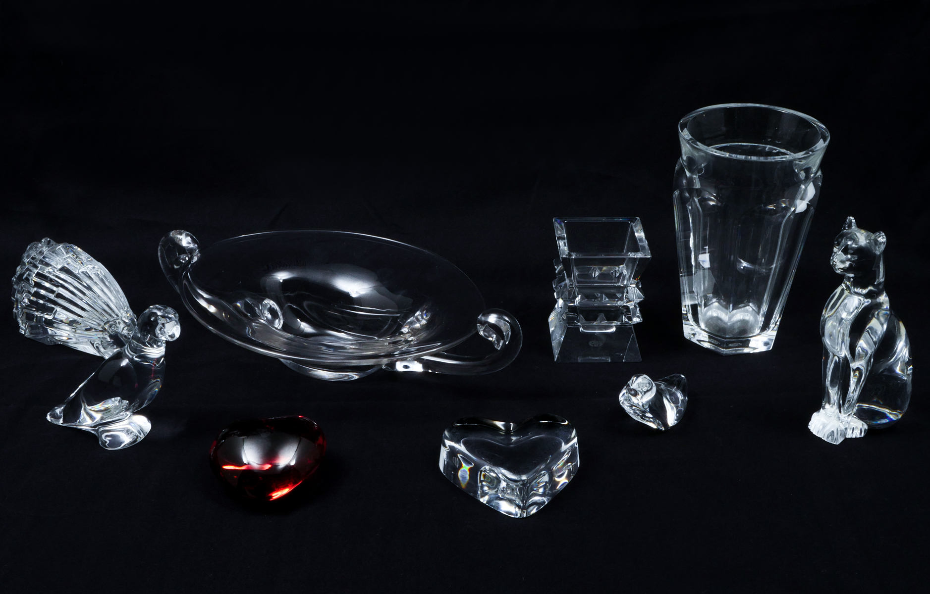 Appraisal: BACCARAT CRYSTAL COLLECTION Comprising - Cat - Hearts - Birds