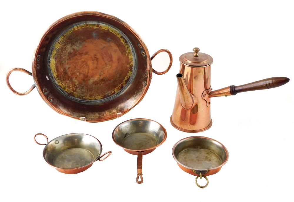 Appraisal: Five pieces of copper cookware including a copper coffee pot