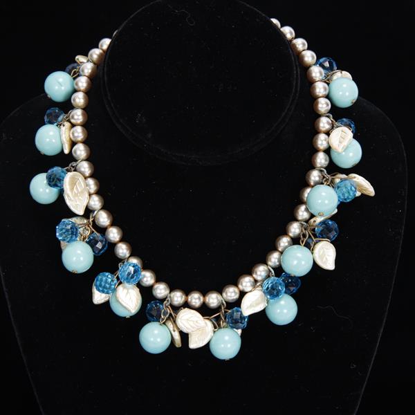 Appraisal: Miriam Haskell Pearl Necklace with Blue Turquoise fruit bauble beads