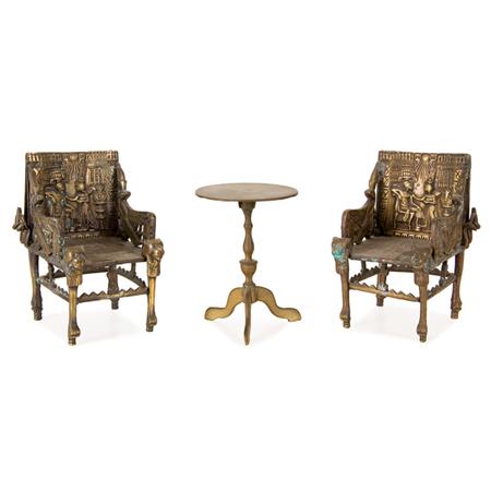 Appraisal: Two Egyptian Style Brass Miniature Armchairs Together with a Brass