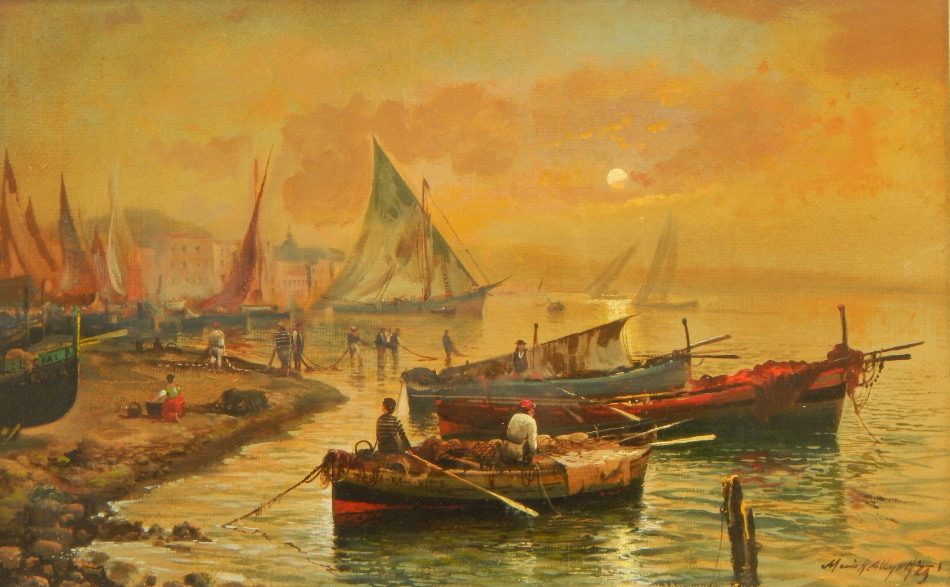 Appraisal: Mario Allegretti b Harbour scene oil on canvas signed and