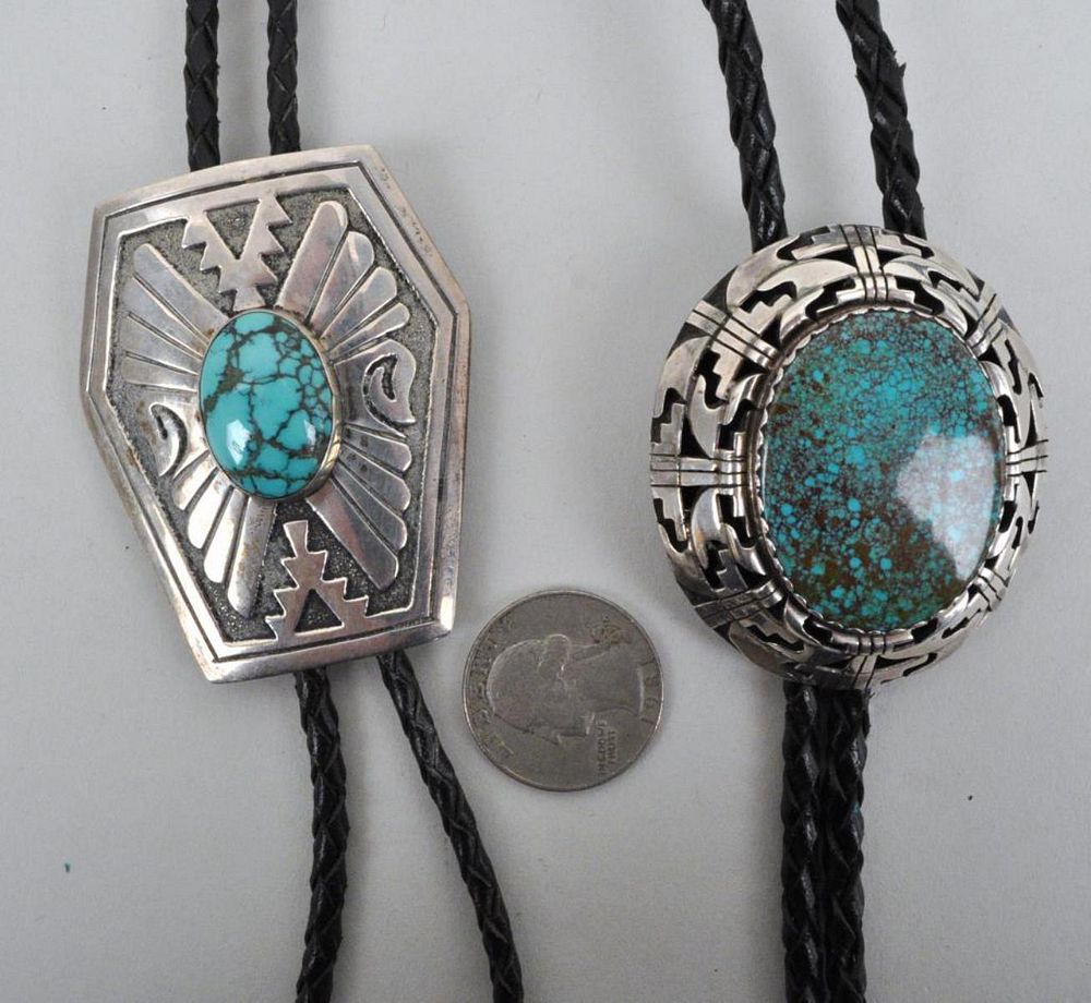 Appraisal: Two Native American SS Turquoise Bolo Ties one with large