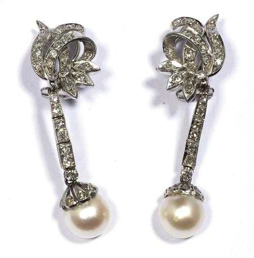 Appraisal: PEARL AND DIAMOND CLIP EARRINGS ca White gold Elegant pendant