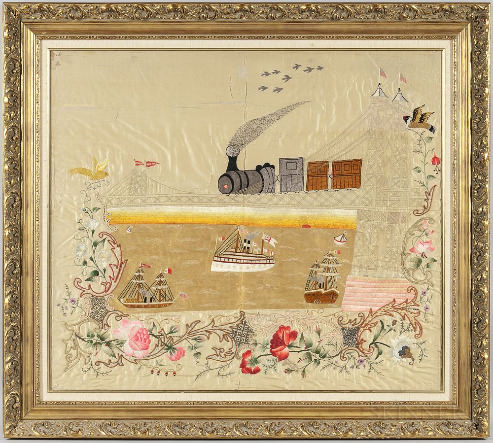 Appraisal: Large Needlework Picture with Train Crossing a Bridge Large Needlework