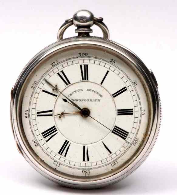 Appraisal: A SILVER CASED POCKET CENTRE SECONDS CHRONOGRAPH with white enamel