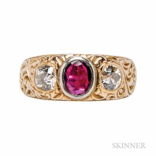 Appraisal: Antique Gold Garnet and Diamond Ring the oval-cut garnet flanked