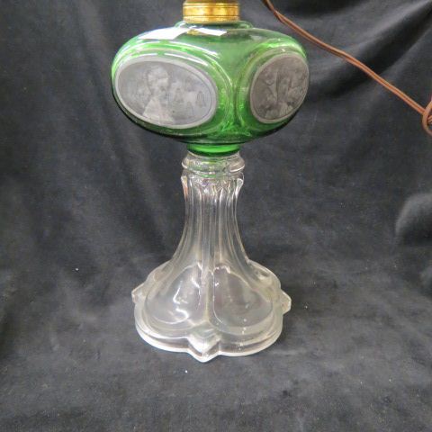 Appraisal: Victorian Oil Lamp unusual decorated emerald top clear pedestal base