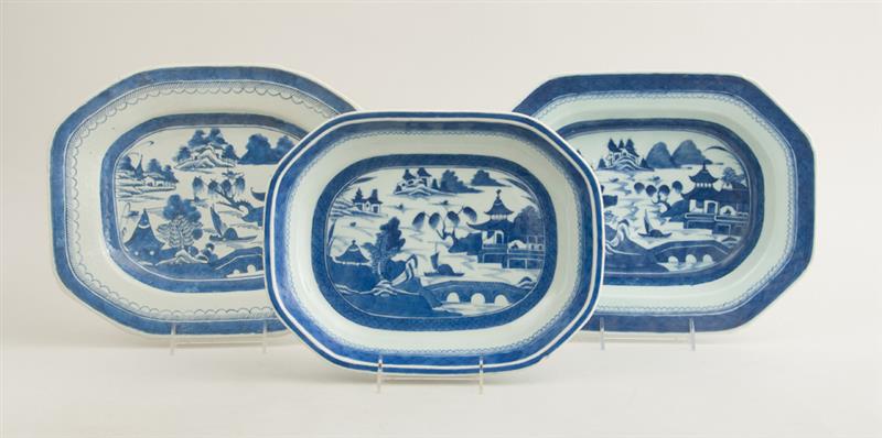 Appraisal: THREE CANTON BLUE AND WHITE PORCELAIN WILLOW PATTERN CHAMFERED RECTANGULAR