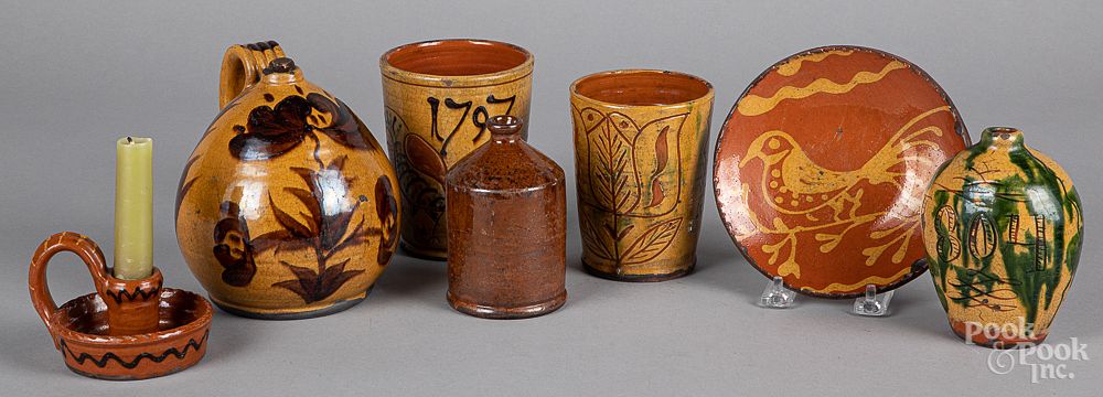 Appraisal: Seven pieces of Shooner redware Seven pieces of Shooner redware